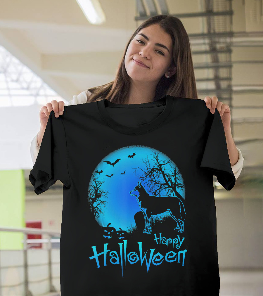 Happy Halloween Siberian Husky Moon Bats Pumpkins T-Shirt