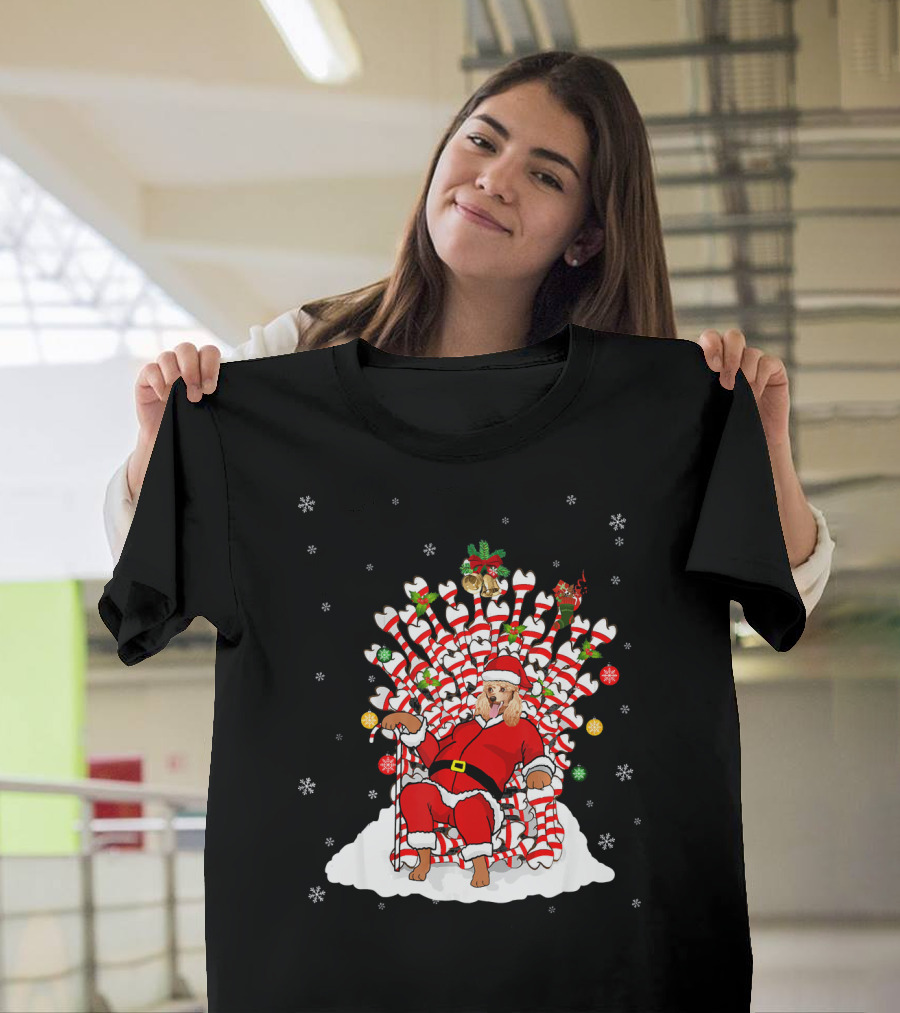 Santa Poodle On Candy Cane Throne With Snowflakes And Ornaments T-Shirt