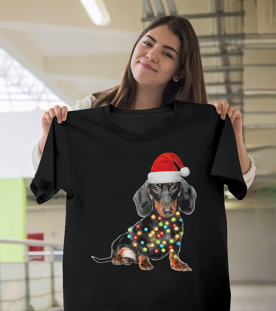 Santa Dachshund with Festive Christmas Lights T-Shirt
