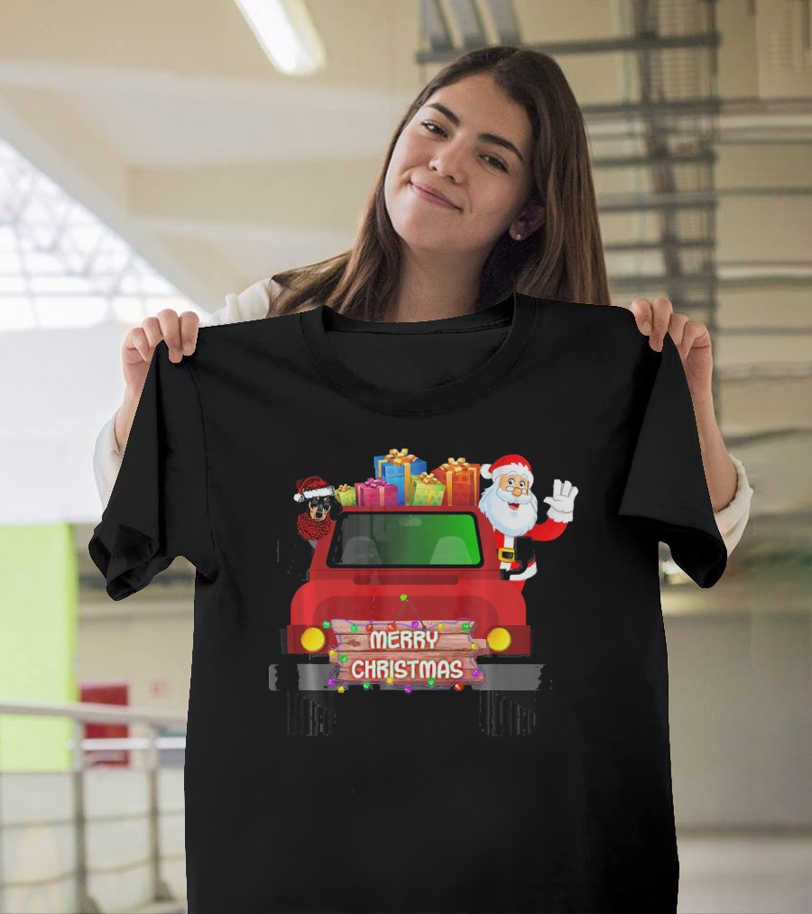 Merry Christmas Funny Dachshund and Santa on Red Truck with Presents T-Shirt
