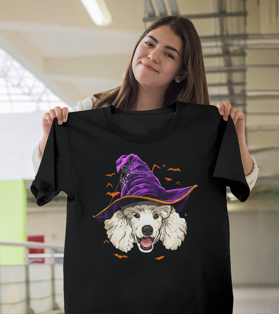Poodle Witch Hat Halloween with Bats Dog Cartoon T-Shirt