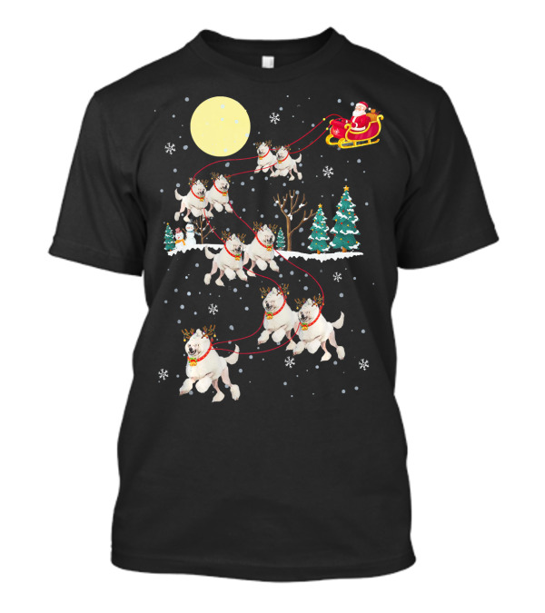 Santa Claus Sleigh With Poodle Reindeer In Snowy Night T-Shirt