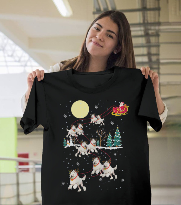 Santa Claus Sleigh With Poodle Reindeer In Snowy Night T-Shirt