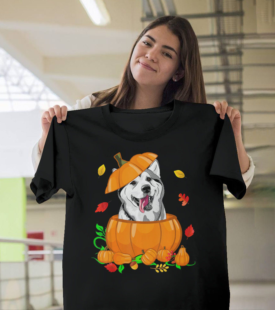 Pumpkin Siberian Husky Autumn Leaves Fall Decor T-Shirt