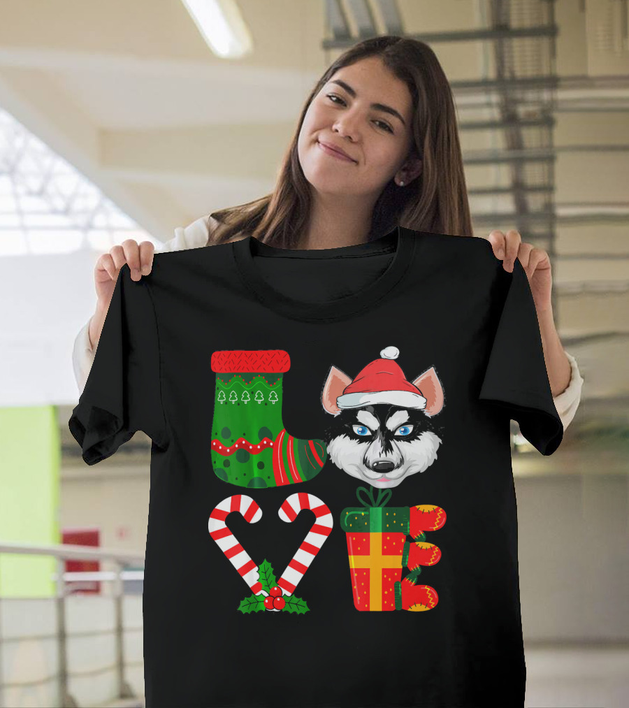 Lover Siberian Husky Christmas Candy Cane Santa Hat Holiday T-Shirt
