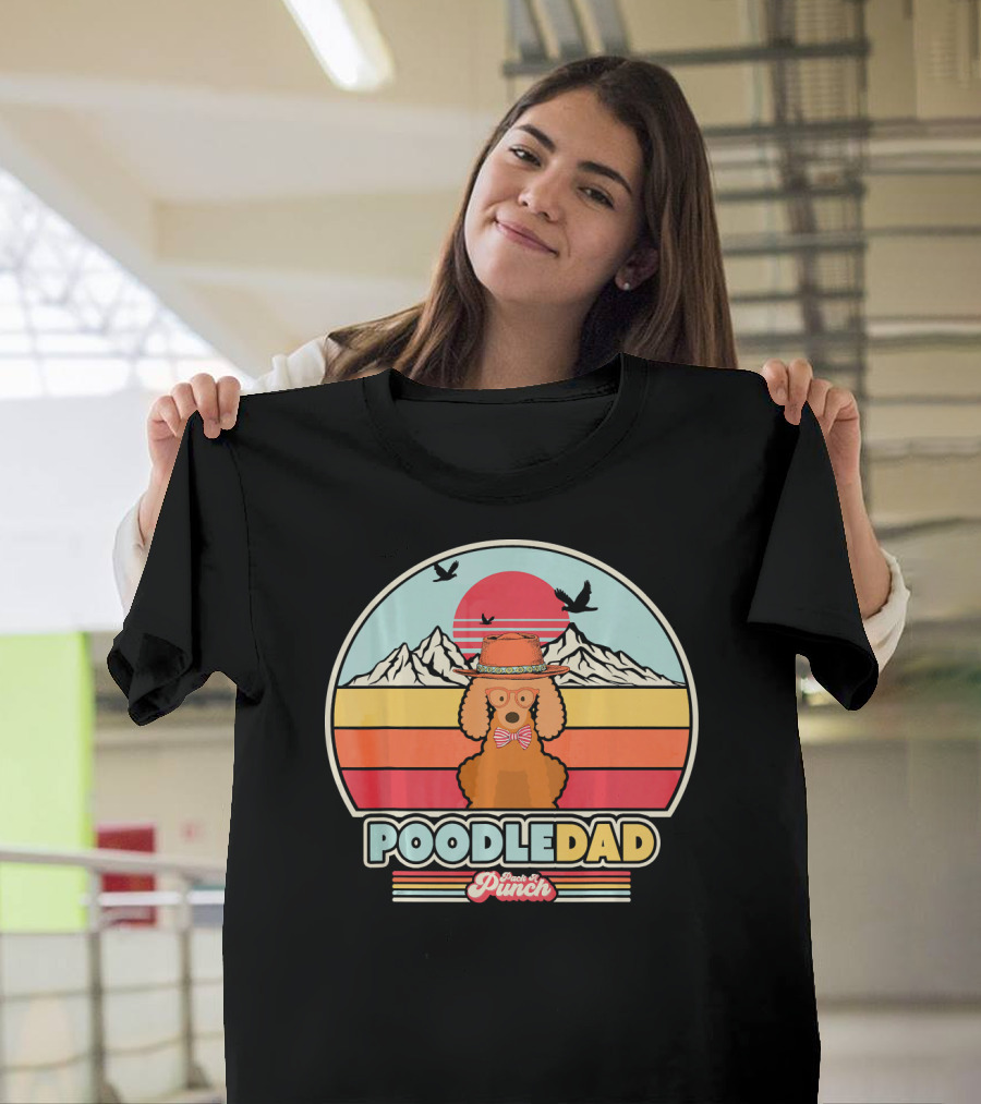 Poodle Dad Retro Style Sunset Mountains Paw and Punch T-Shirt