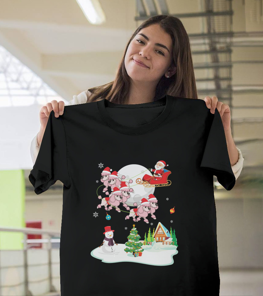 Santa Claus Sleigh with Poodle Reindeer and Snowman by Christmas Cabin T-Shirt