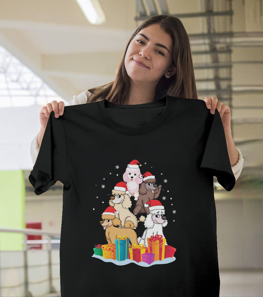 Poodle Noel Hat Christmas Presents Snowflakes Five Poodles Santa Hats T-Shirt