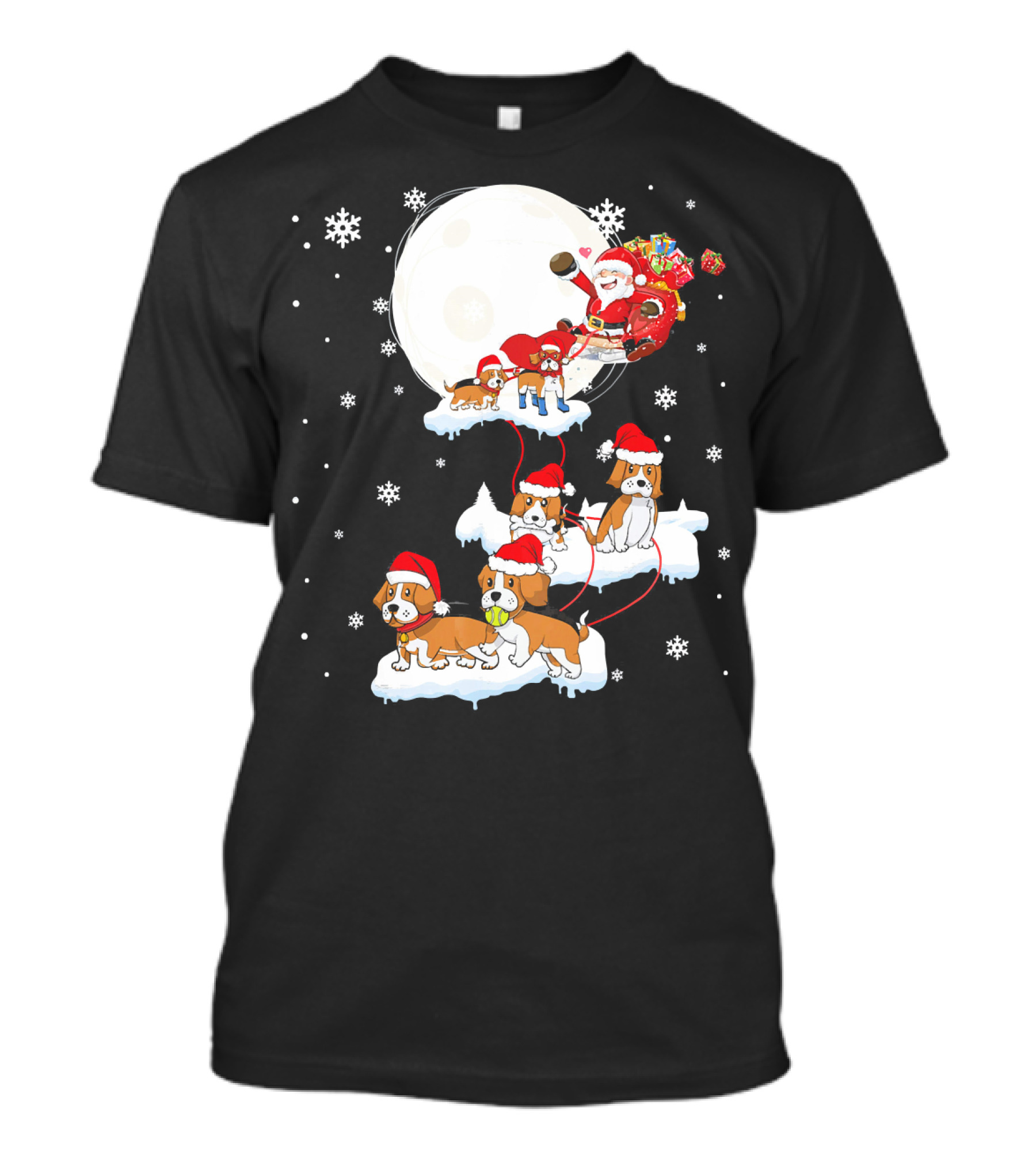 Santa Claus Sleigh Led By Beagle Dogs With Christmas Moon And Snowflakes T-Shirt