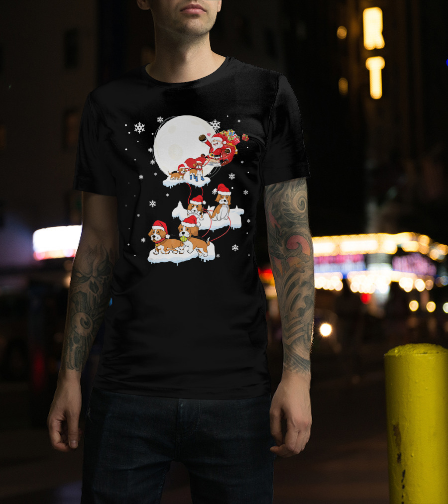 Santa Claus Sleigh Led By Beagle Dogs With Christmas Moon And Snowflakes T-Shirt