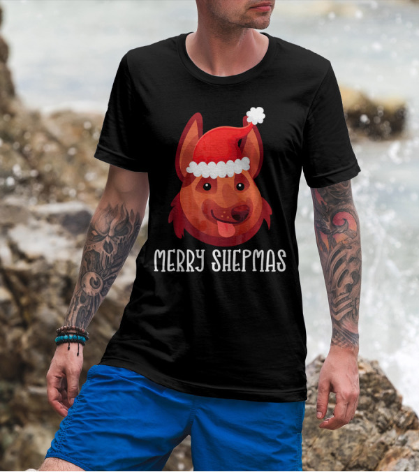 Merry Shepmas Funny Dog Lover Owner Germ Shepherd Santa Hat T-Shirt
