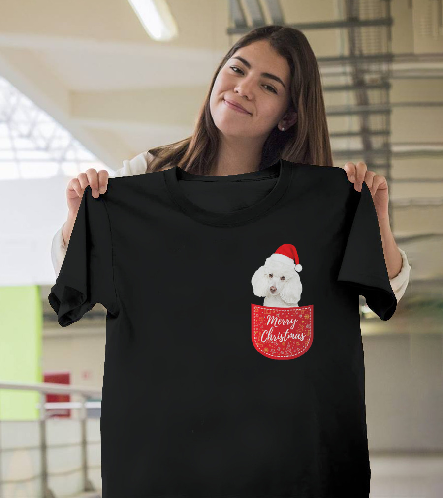 Merry Christmas Poodle Dog in Santa Hat Pocket T-Shirt