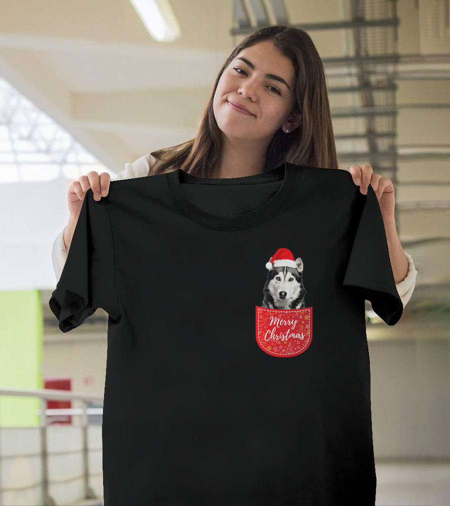 Siberian Husky Merry Christmas Dog in Pocket Santa Hat T-Shirt