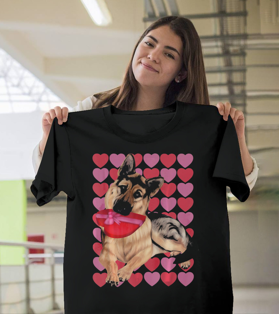 Valentines German Shepherd with Heart Background and Gift Box T-Shirt