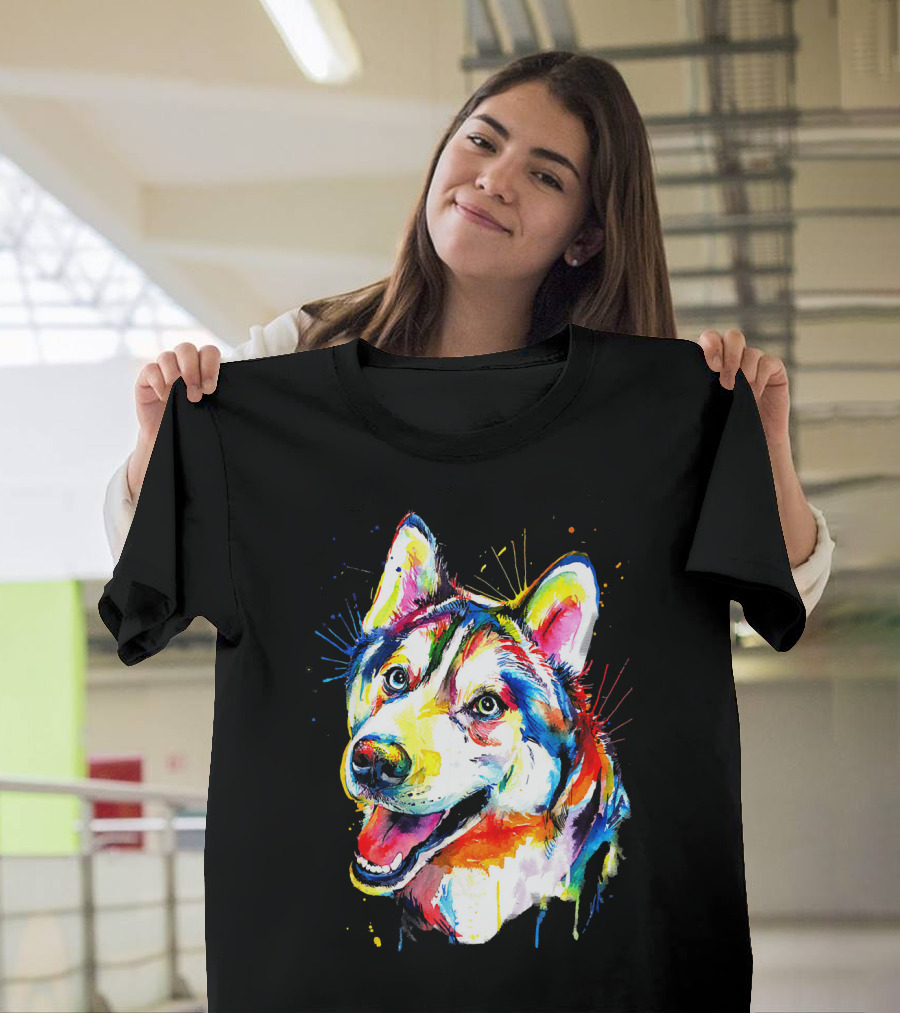 Splash Art Husky Puppy Lover Colorful T-Shirt