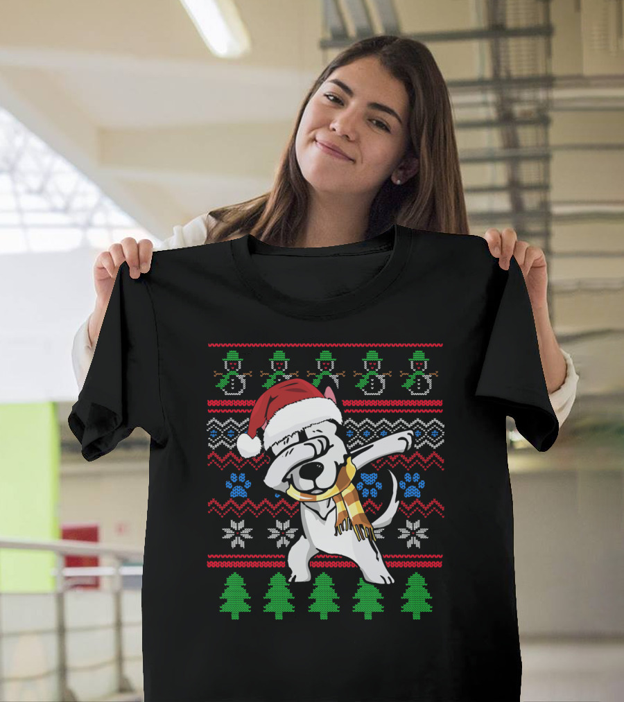 Siberian Husky Dabbing UglyStyl Christmas Santa Hat Scarf Snowman Trees T-Shirt