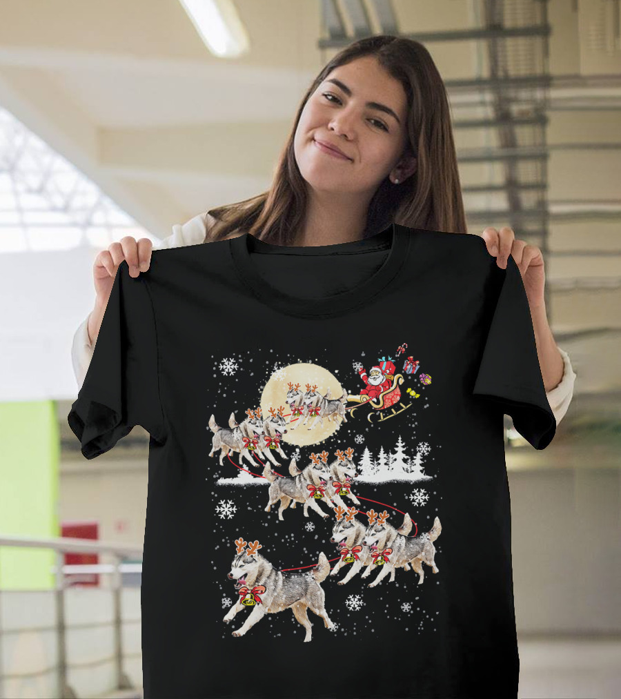 Santa Sleigh Siberian Husky Dog Merry Christmas Moon Snowflakes T-Shirt