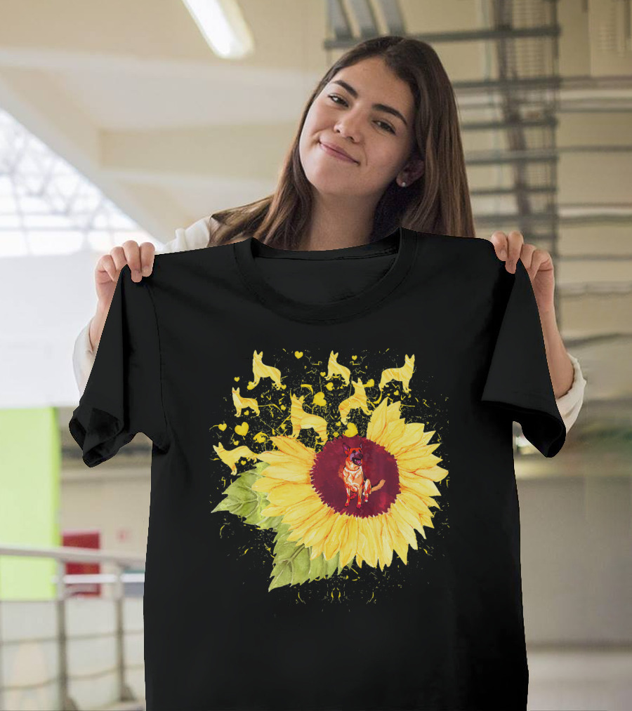 Sunflower German Shepherd Dog Lover Burst with Heart and Leaves T-Shirt