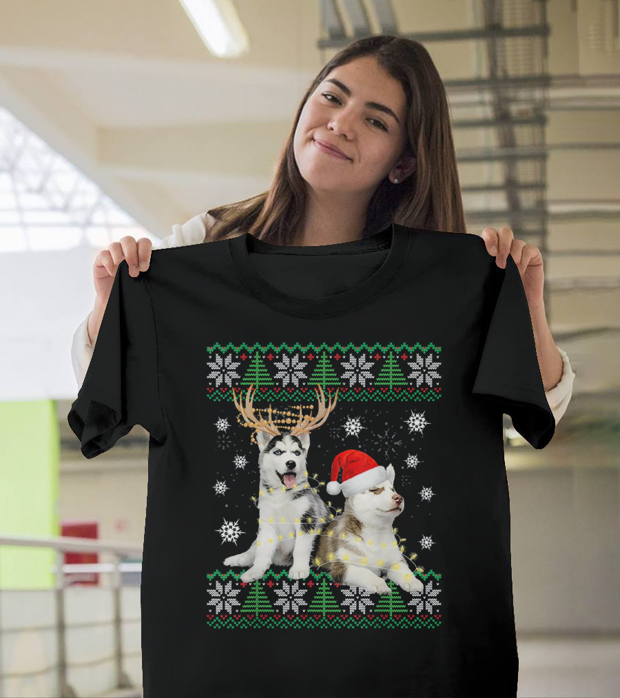Siberian Husky Ugly Christmas Dog with Santa Hat and Reindeer Antlers T-Shirt