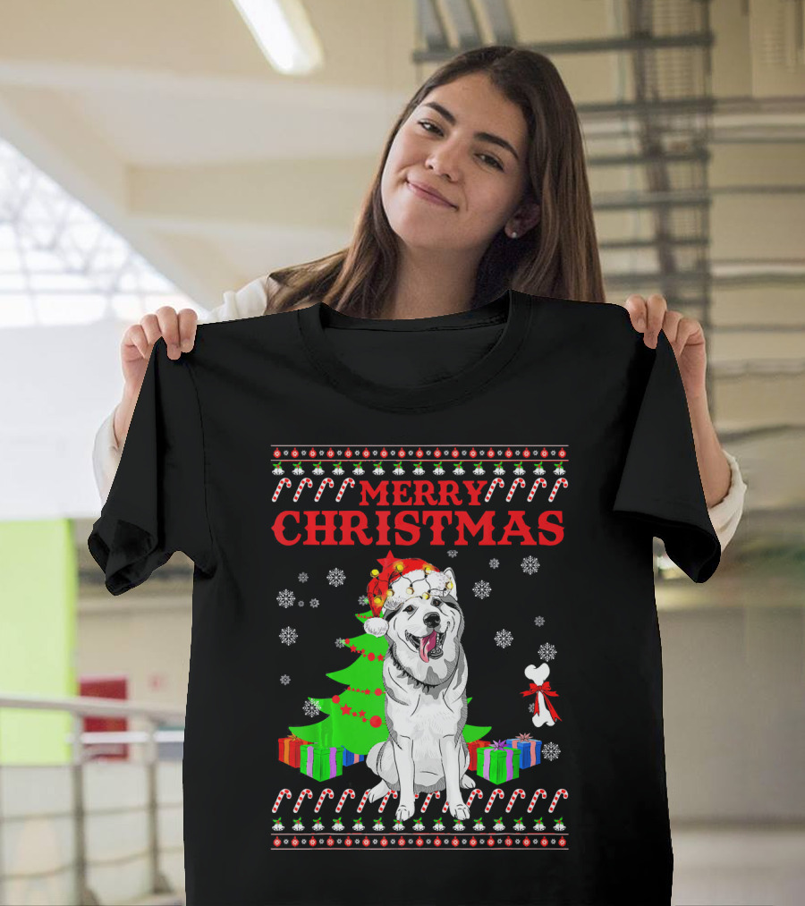 Merry Christmas Siberian Husky Santa Hat Presents Candy Canes Snowflakes T-Shirt