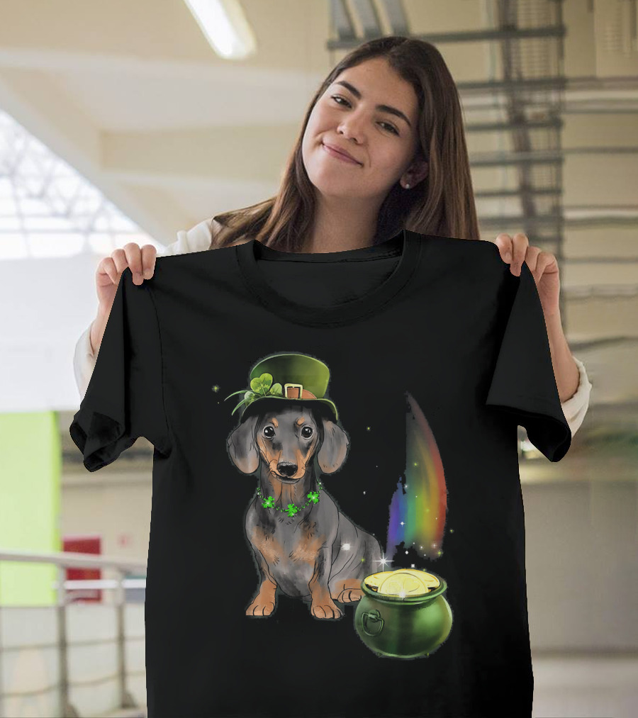 St Patricks Day Dachshund with Leprechaun Hat Pot of Gold and Rainbow T-Shirt