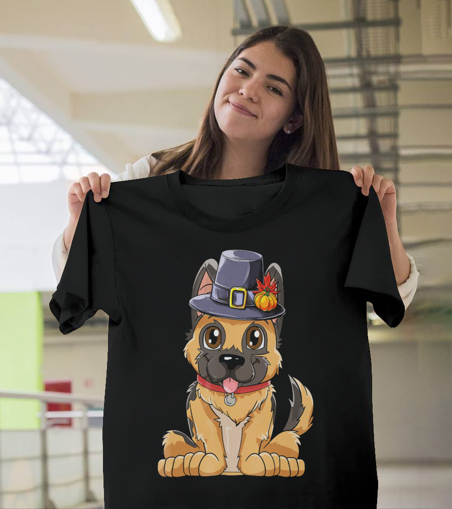 Thanksgiving German Shepherd Dog in Pilgrim Hat T-Shirt