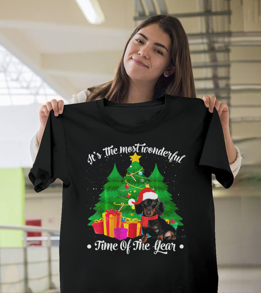 It's the Most Wonderful Time of the Year Dachshund Christmas Tree Santa Hat T-Shirt