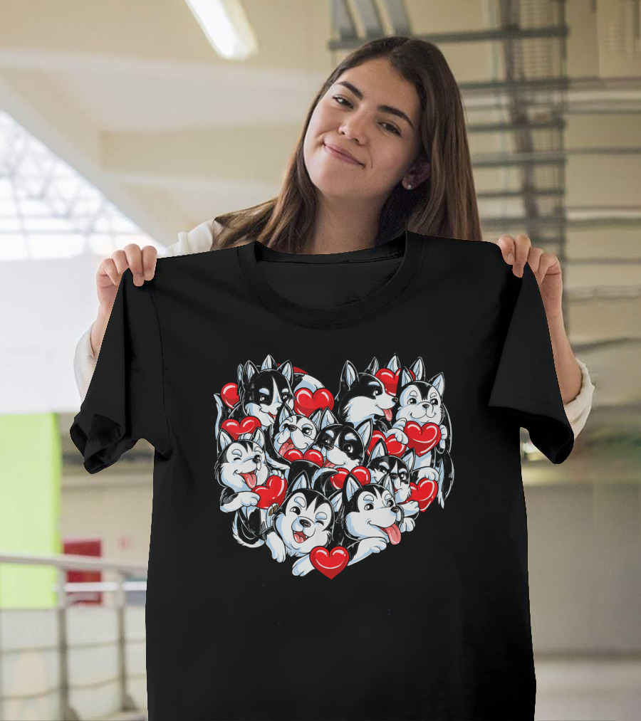 Valentines Day Siberian Husky Heart Love Cute Dogs with Red Hearts T-Shirt