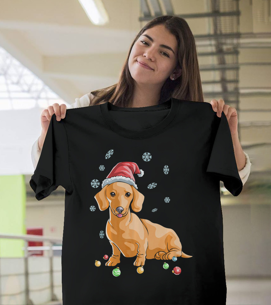 Wiener Dog Dachshund Puppy Santa Hat Christmas Snowflakes Ornaments T-Shirt