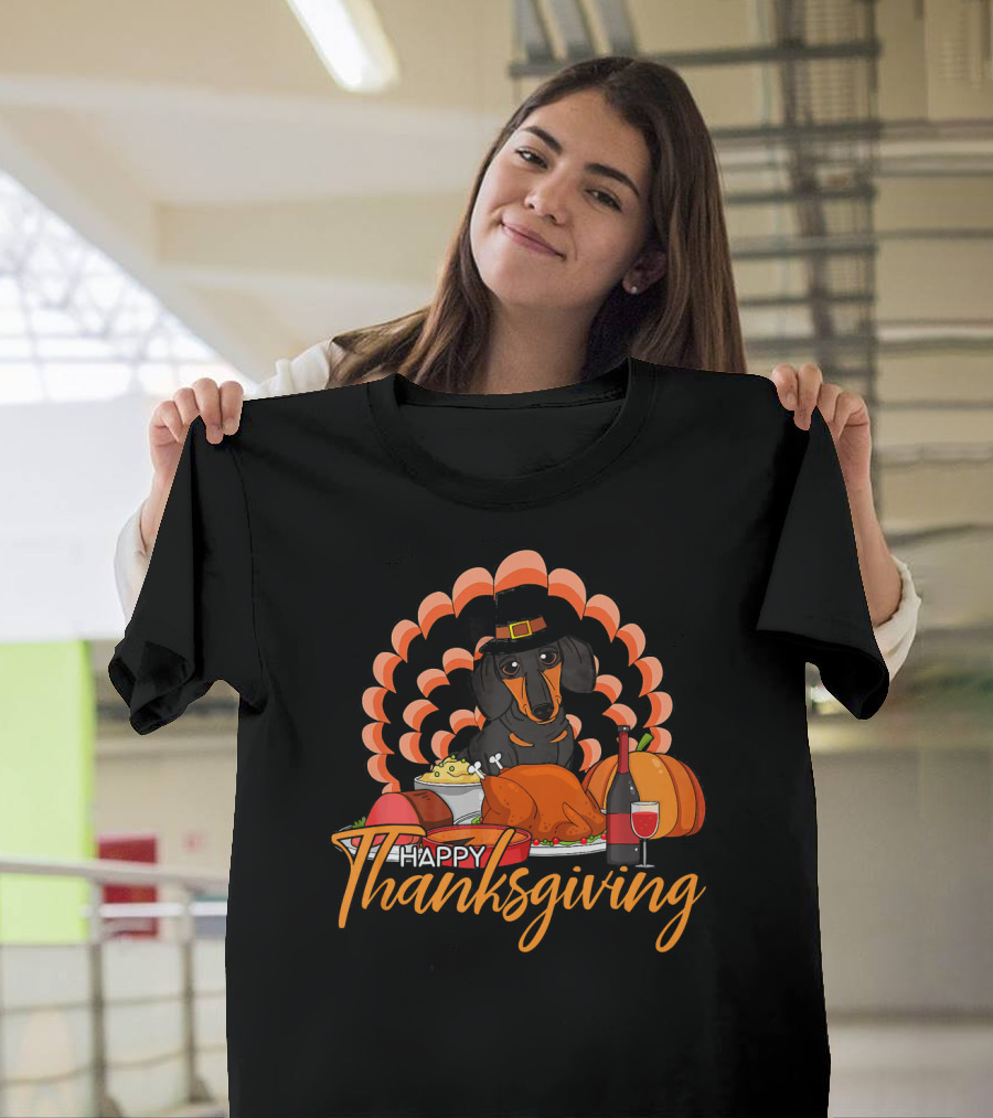 Happy Thanksgiving Turkey Dachshund with Wine and Pumpkin T-Shirt