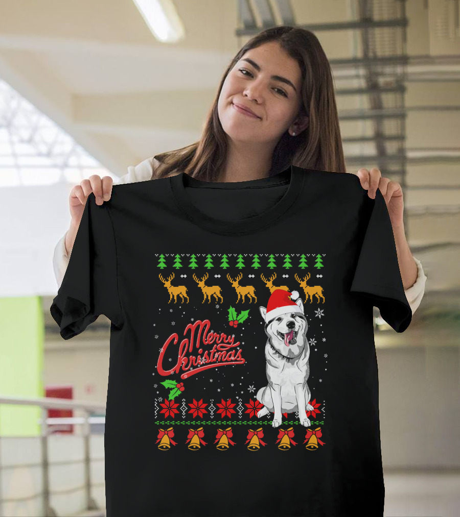 Siberian Husky Merry Christmas Santa Hat Reindeer Poinsettia Bells Snowflakes T-Shirt