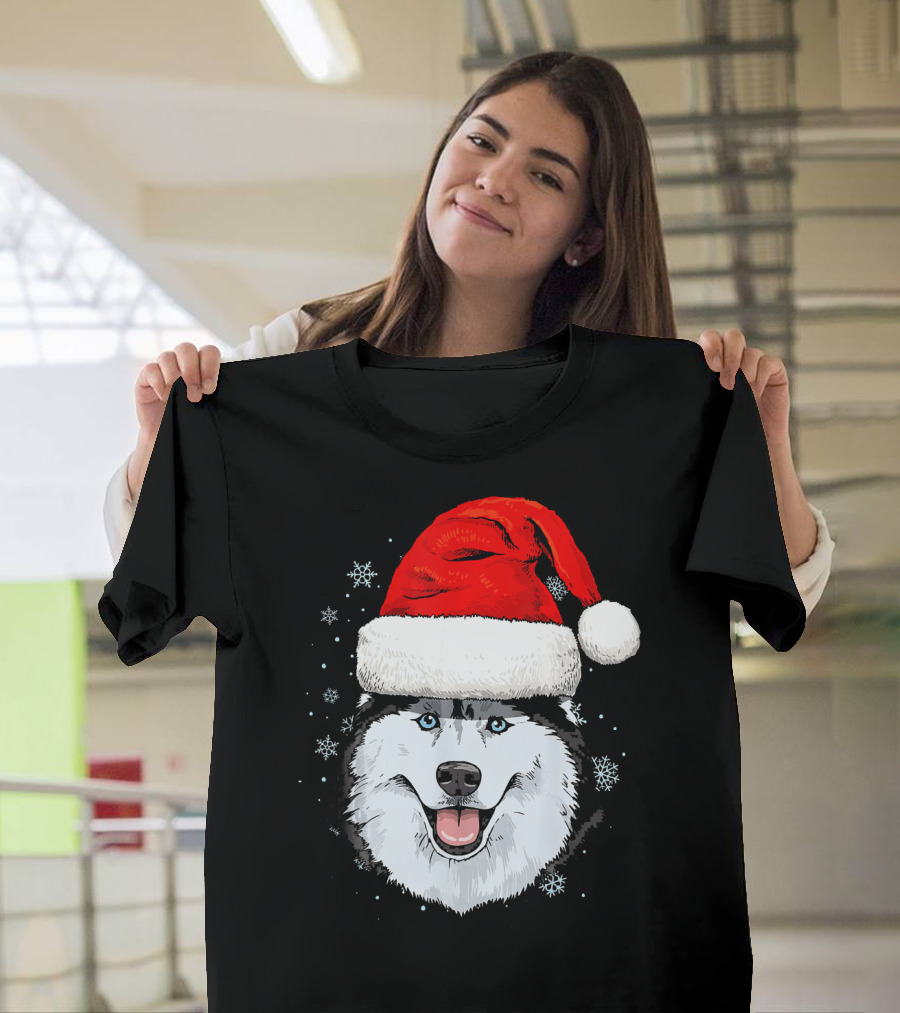 Siberian Husky Santa Hat Snowflakes Holiday Dog Face T-Shirt