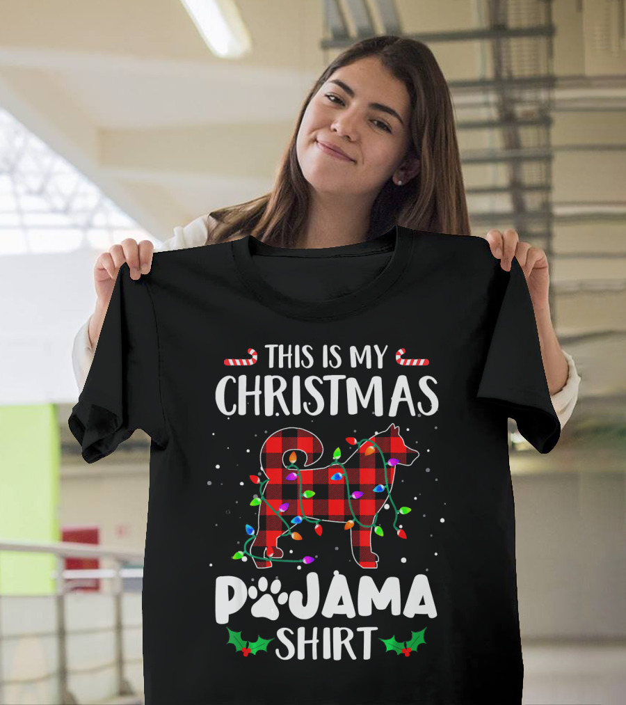 This Is My Christmas Pajama Shirt Husky Dog Holiday Plaid Lights T-Shirt