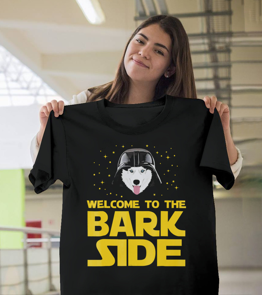Welcome to the Bark Side Siberian Husky Vader Helmet Stars T-Shirt