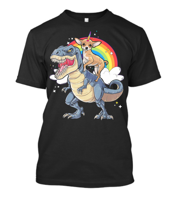 Chihuahua Unicorn Riding Rex Dinosaur Rainbow Cloud T-Shirt