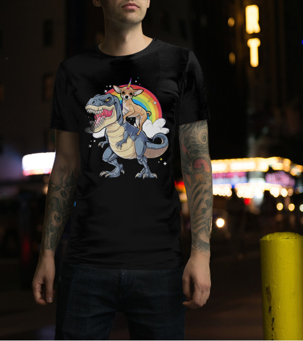 Chihuahua Unicorn Riding Rex Dinosaur Rainbow Cloud T-Shirt