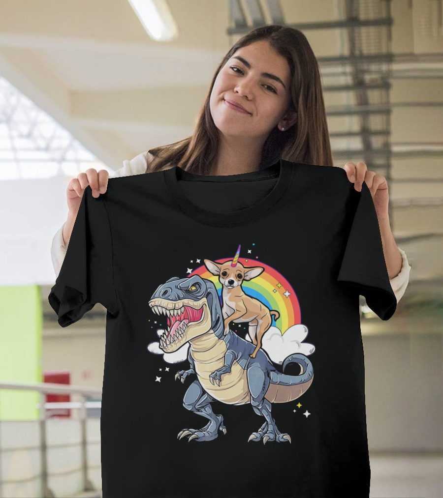 Chihuahua Unicorn Riding Rex Dinosaur Rainbow Cloud T-Shirt