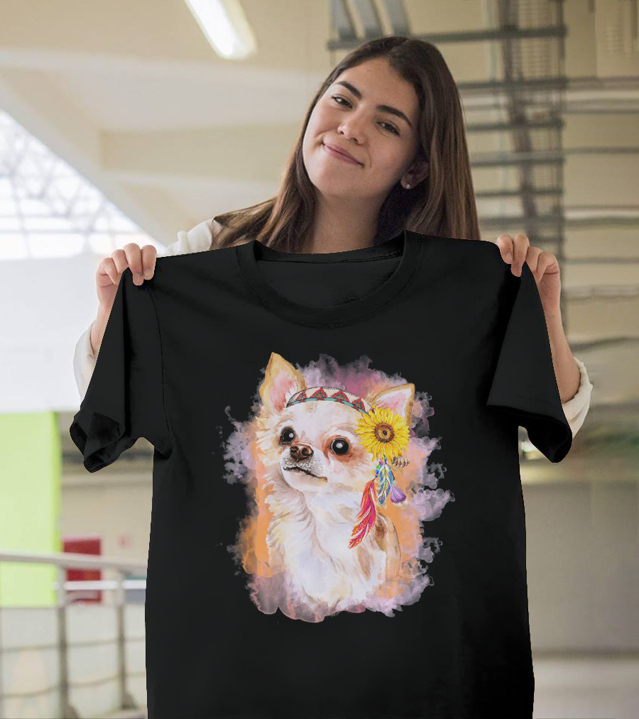 Chihuahua in Native American Headdress with Sunflower and Feathers T-Shirt