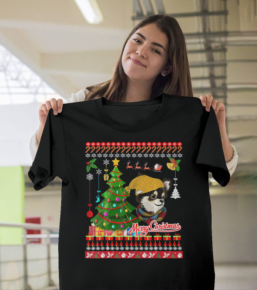 Merry Christmas Chihuahua Dog UglyChi Tree Santa Sleigh Snowflakes T-Shirt