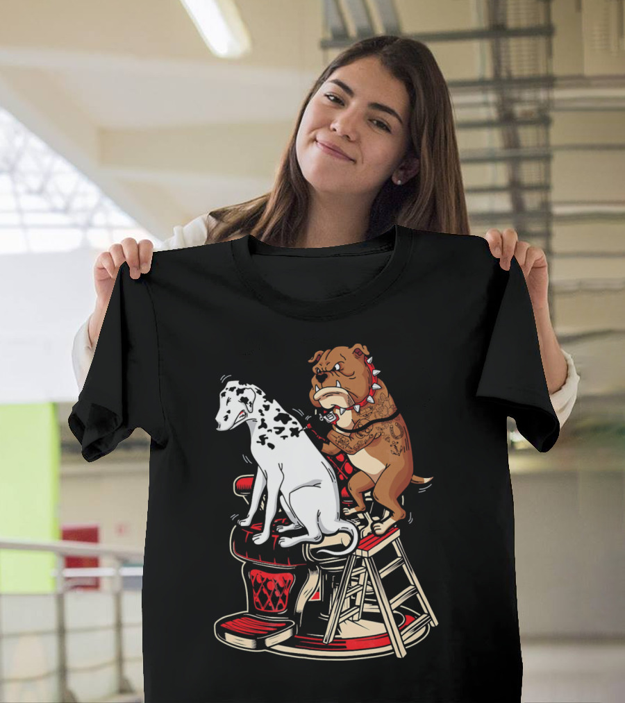 Dalmatian Getting Inked by Tattooed Bulldog Barber on Chair T-Shirt