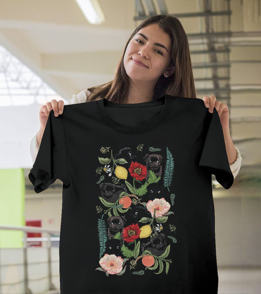 Botanical Pug Pattern with Floral and Fruit Elements T-Shirt