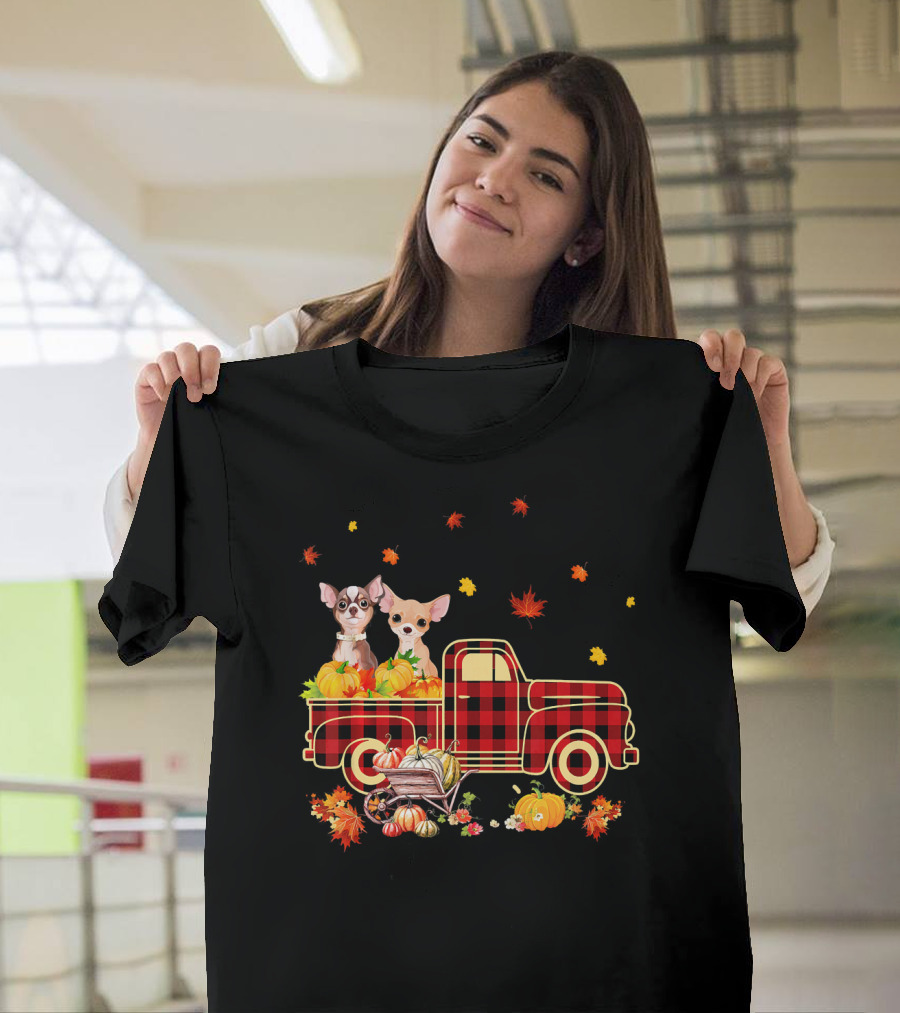 Chihuahua Pumpkin Truck with Fall Leaves and Thanks T-Shirt