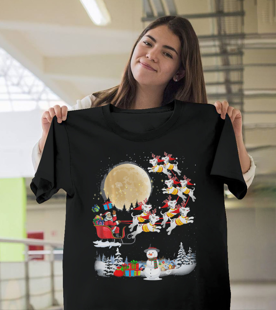 Dalmatian Christmas Santa Sleigh Night Holiday Scene T-Shirt