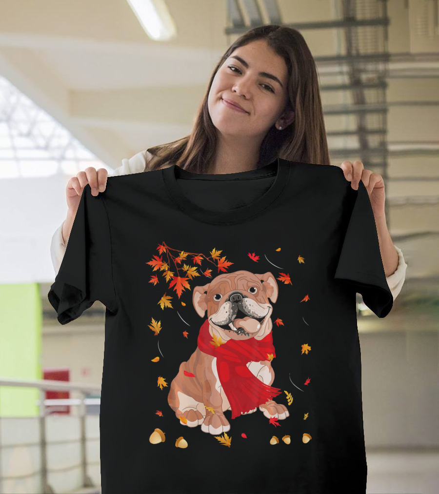 Cute English Bulldog Dog Autumn Leaves Scarf Cozy Fall T-Shirt