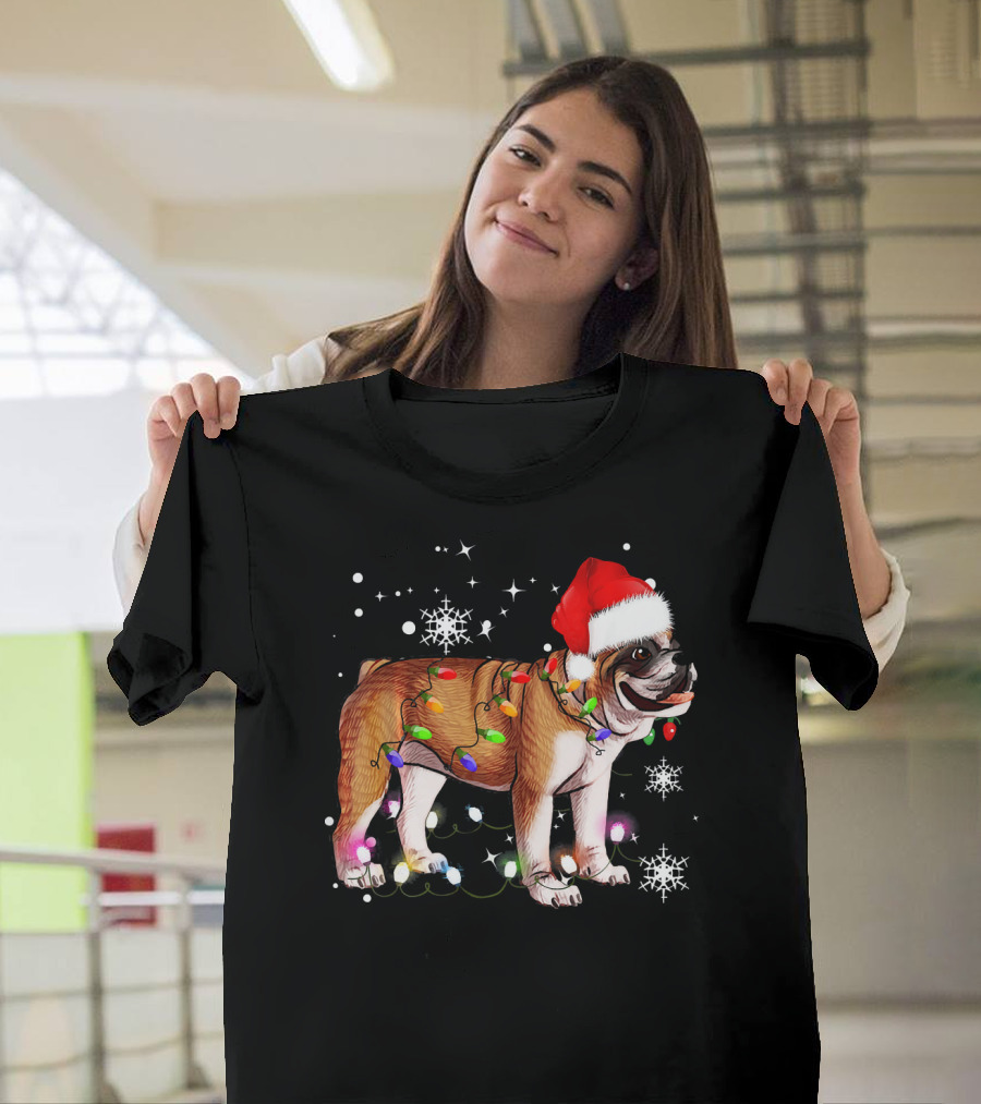 English Bulldog with Christmas Lights and Santa Hat Snowflakes T-Shirt