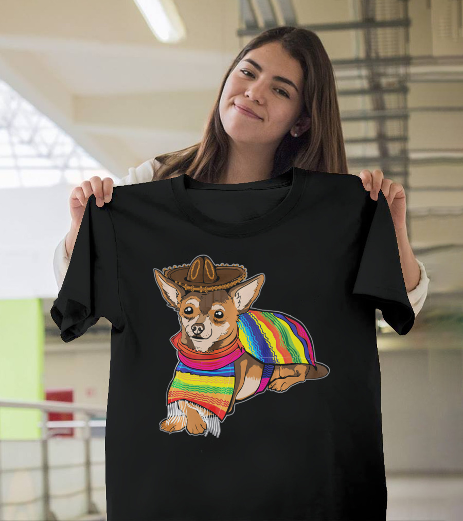 Cute Chihuahua Chiweenie in Sombrero with Mexican Poncho T-Shirt