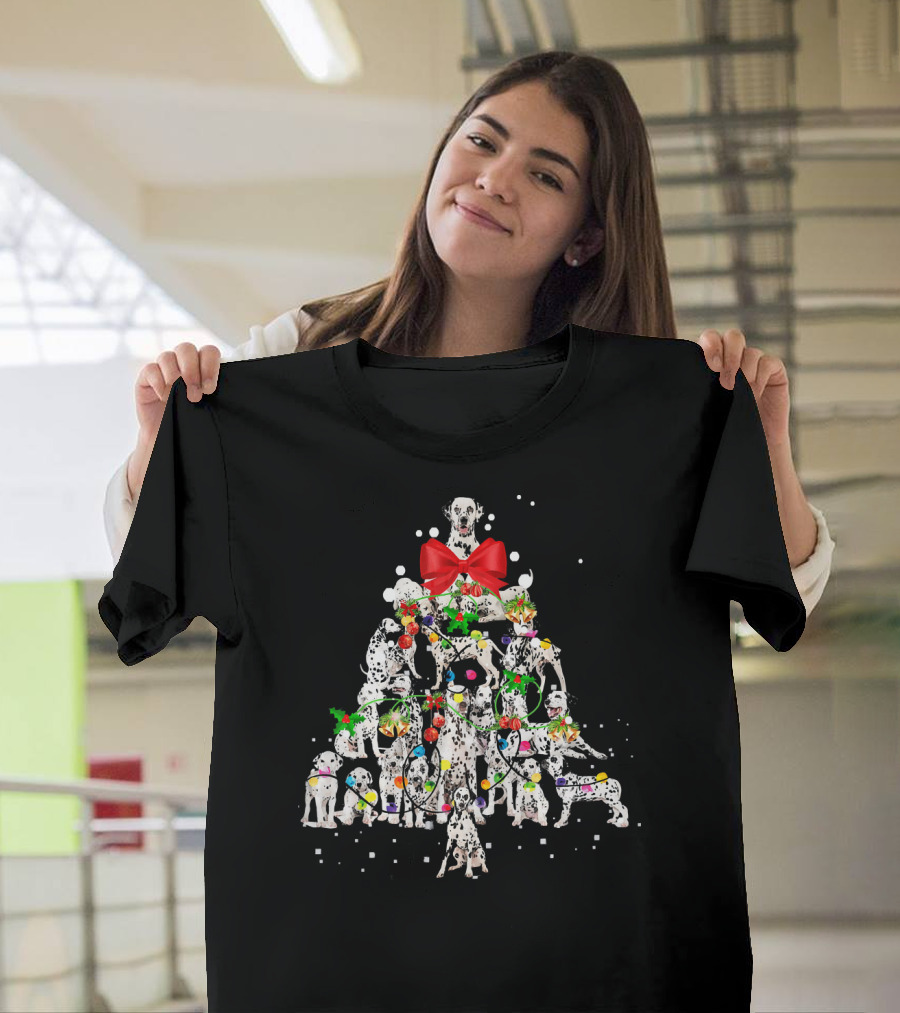 Dalmatian Dog Christmas Tree with Red Bow and Holiday Ornaments T-Shirt