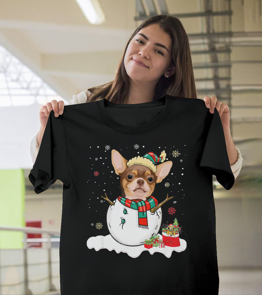 Chihuahua Christmas Snowman With Presents and Santa Hat Fiesta T-Shirt