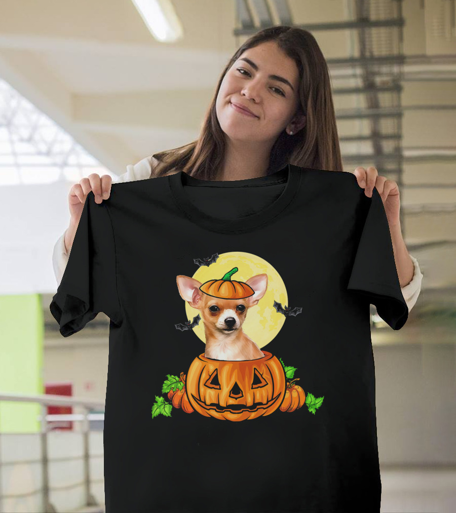 Chihuahua in Pumpkin with Moon and Bats T-Shirt