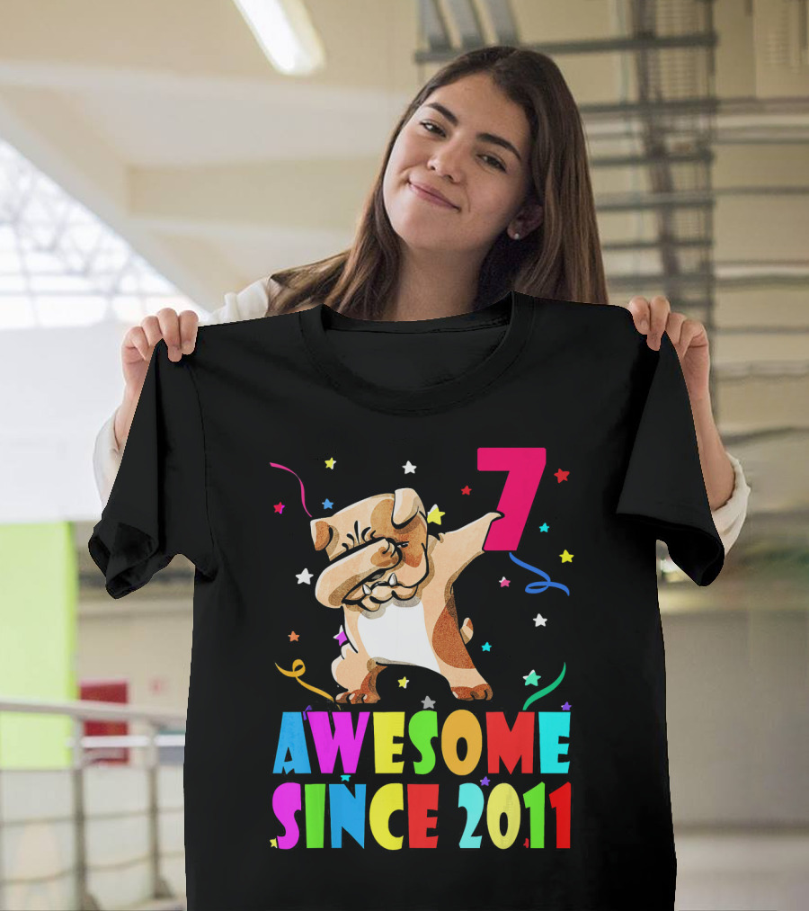 Awesome Since 2011 English Bulldog Dabbing Number 7 Stars and Confetti T-Shirt
